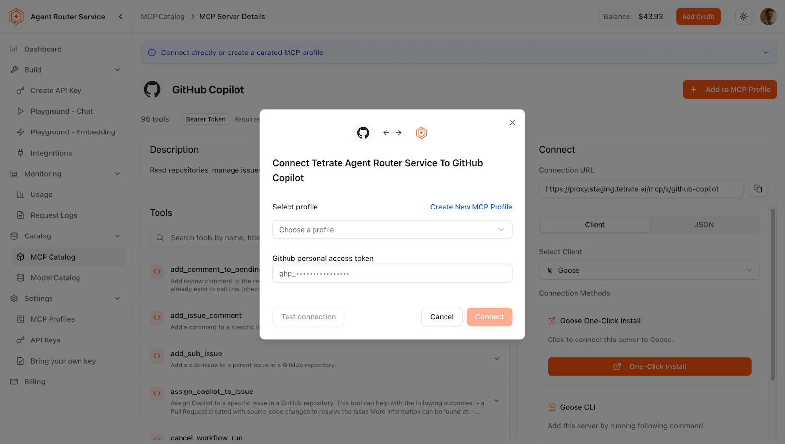 Adding GitHub to an MCP Profile with guided setup