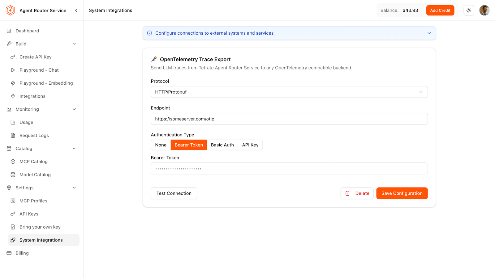 OpenTelemetry Trace Export configuration in Agent Router Service