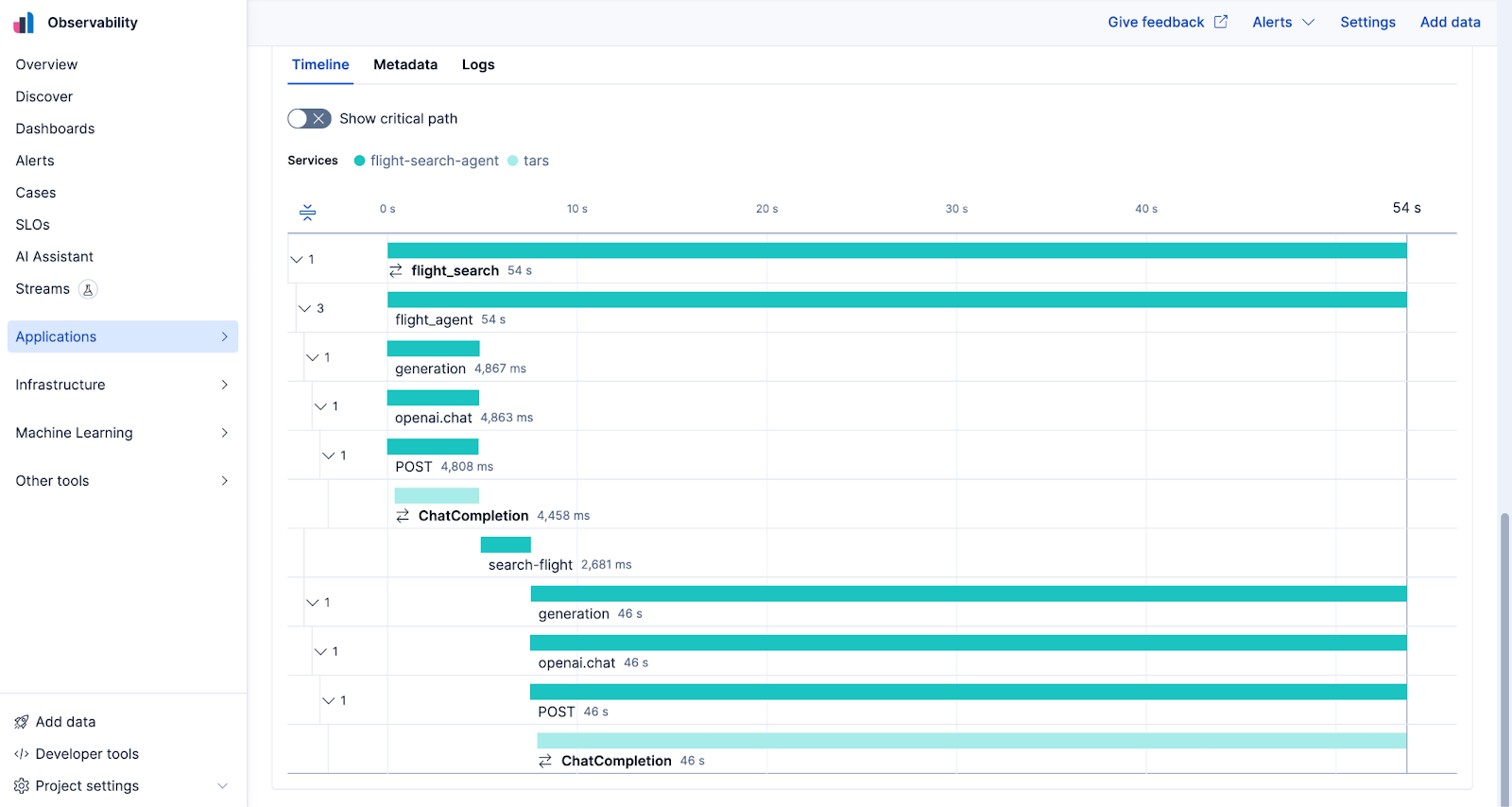 Complete LLM and MCP traces visualized in Elastic for end-to-end observability
